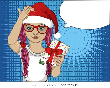 Little girl in the hat of Santa Claus thoughtful and holding a gift. A child who thinks to give a gift for the holiday. Vector illustration. Pop art style