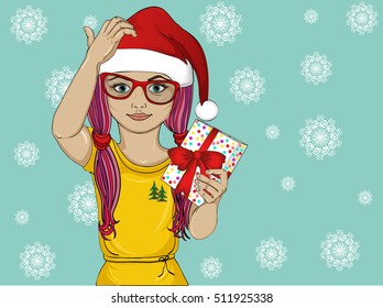 Little girl in the hat of Santa Claus thoughtful and holding a gift. A child who thinks to give a gift for the holiday. Vector illustration. Pop art style