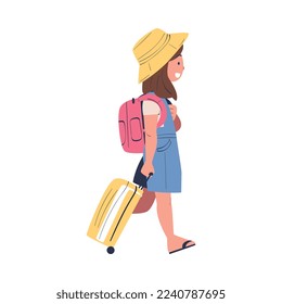 Little Girl in Hat with Suitcase and Backpack Going on Summer Vacation Having Journey Vector Illustration