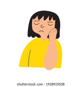 Little girl have toothache. Hand drawn illustration on white background.