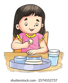 Little girl having breakfast vector illustration