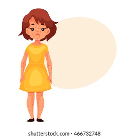 Little girl having chickenpox, cartoon style vector illustration isolated on white background. Cute brown haired girl in yellow dress with smallpox pimples, catching childhood Disease