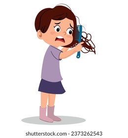 little girl having difficulties combing her hair, tangled hair. Vector illustration.