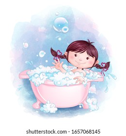 A little girl is having fun bathing in a pink bath with soap foam and bubbles. Vector cartoon character and watercolor texture background.