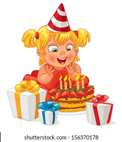 Little girl having fun celebrating her birthday. Lots of gifts and cake. Vector illustration. Isolated on white background