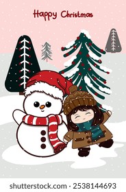 A little girl having fun with the snowman