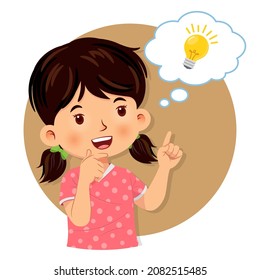 Little girl having good idea. A bubble with idea lamp sign. Isolated on white background. Vector illustration