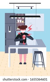 little girl having heart attack coronavirus infection symptoms epidemic MERS-CoV virus wuhan 2019-nCoV kitchen interior full length vertical vector illustration