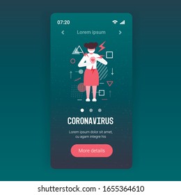 little girl having heart attack coronavirus infection symptoms epidemic MERS-CoV virus wuhan 2019-nCoV smartphone screen mobile app full length copy space vector illustration
