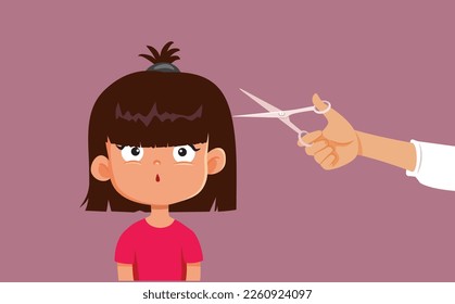 
Little Girl Having her Fringe Cut by Mom Vector Cartoon Illustration. Skillful hairdresser working in kids salon 
