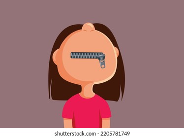 
Little Girl Having her Mouth Zipped Holding a Secret Vector Cartoon. Child not talking having a zipped mouth making no noise
 svg