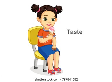 Little Girl Having Ice Cream Showing A Taste Sense Vector Illustration