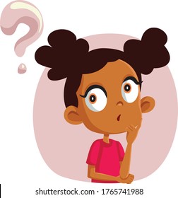 Little Girl Having Many Questions Vector Cartoon. Funny Child Wondering Looking For Answers
