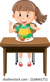 Little girl having meal cartoon character illustration