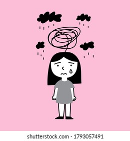 Little girl having mental problems standing alone. Illustration on pink background.