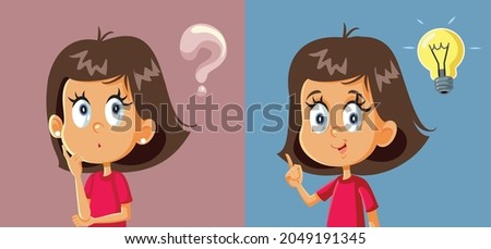 Little Girl Having a Question Finding the Answer Vector Cartoon. Funny brilliant student finding the solution to a school problem 
