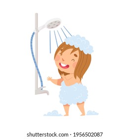 Little Girl Having Shower in Bathroom Washing with Soap Vector Illustration