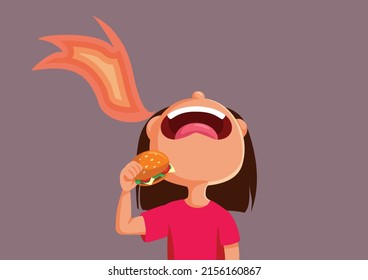 

Little Girl Having a Spicy Burger Funny Cartoon Illustration. Screaming child having a hot piquant traditional hamburger meal
