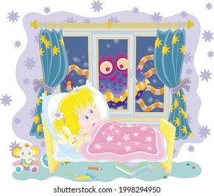 Little girl having a terrible nightmare in her dream with a creepy creature crawling at dark night outside a window of a nursery room, vector cartoon illustration isolated on a white background