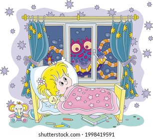 Little girl having a terrible nightmare in her dream with a creepy creature crawling at dark night outside a window of a nursery room, vector cartoon illustration isolated on a white background