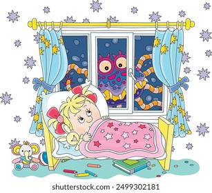 Little girl having a terrible nightmare in her dream with a creepy creature crawling at dark night outside a window of a nursery room, vector cartoon illustration isolated on a white background