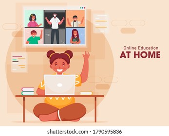 Little Girl Having Video Calling To Classmates And Teacher In Laptop With Saying Hello At Home On Peach Background.