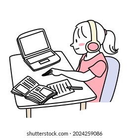 Little girl with headphones learning online. Cute little girl with headphones sitting at desk and learning online. Happy little schoolgirl wearing headphones and using computer studying online.