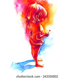 little girl with heart /card /valentine /watercolor painting /vector illustration