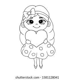 Little girl with a heart on white background. Vector illustration for coloring books, cards, fabric print. Love theme art.