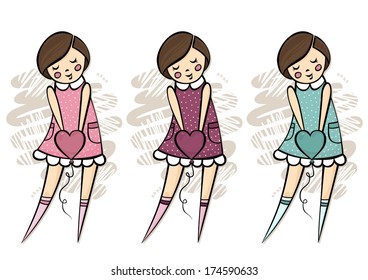 Little girl with a heart shaped balloon in hands standing pose love romantic Valentine's Day card illustration centerpiece colorful set isolated on white background
