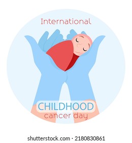 A little girl is held by two hands of a doctor in blue rubber medical gloves
