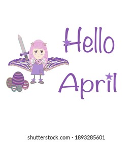 Little girl hello April
 on white background enjoying life, vector little girl.Cartoon cute vector