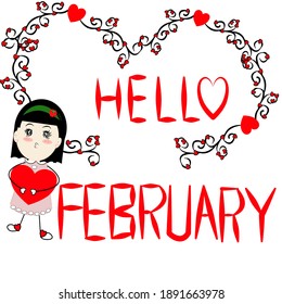Little girl hello february​ 
 on white background enjoying life, vector little girl.Cartoon cute vecter.