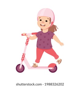 Little Girl in Helmet Riding on Kick Scooter Pushing Off the Ground Vector Illustration