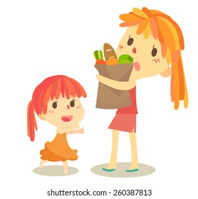 Little Girl Help Her Mom Carrying Stock Vector (royalty Free) 260387813