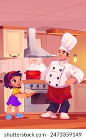 Niña ayudando chef para cocinar en la cocina. Ilustración de dibujos animados de Vector de un joven alegre con uniforme blanco revolviendo la comida hirviendo en una sartén, niño curioso sosteniendo una tabla de madera, haciendo comida juntos