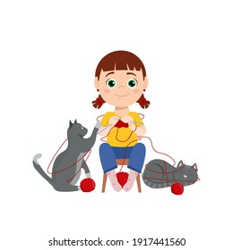 Little girl helping her grandmother knitting. Naughty children behavior. Little kid tricks. Child plays and grows. Funny character. Vector illustration in a flat cartoon style on a white background.