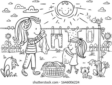 Little girl helping her mother to hang out the linen outdoors on a summer day, black and white illustration