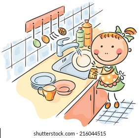 Little girl helping her mother to wash the dishes