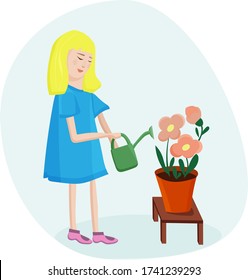 little girl helps with housework. watering from a watering can
indoor plants in pots. The concept of family values ​​of home comfort. Vector flat cartoon illustration.