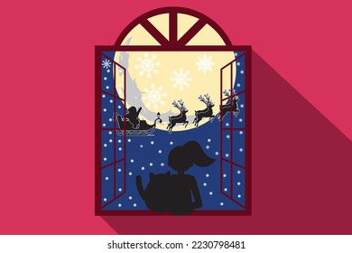 little girl with her cat sitting on the window looking at santa clause flying in the sky driving a reindeer sleigh