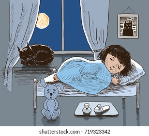 A little girl and her cat are sleeping