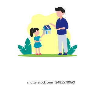 Little girl with her dad holding paper model of house with solar panels, explaining how it works.Alternative energy, saving resources and sustainable lifestyle concept.flat design vector ilustration