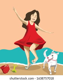 Little Girl and her Dog Dancing on the Beach