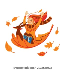 Little girl and her dog flying on big autumn leaf. Funny autumn games. Hello fall. Kids illustration.