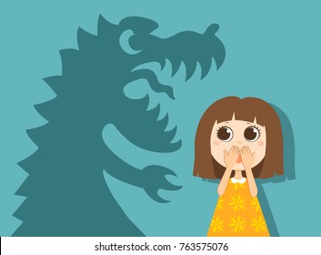 The little girl and her fear. Vector simple illustration.