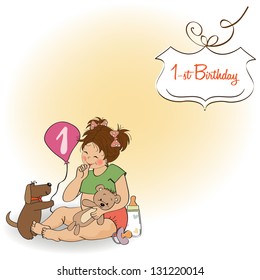 little girl at her first birthday, vector illustration