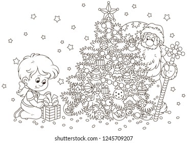 Little girl with her gift and Santa Claus who hiding and peeking out from behind a decorated Christmas tree, black and white vector illustration in a cartoon style