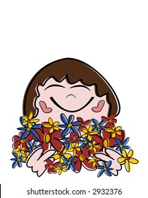 Little girl with her hands full of flowers (vector)