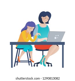 Little girl and her mom browsing Internet, mom showing daughter how to use a computer, vector illustration isolated on white background. Woman and kid, mom and daughter using computer together